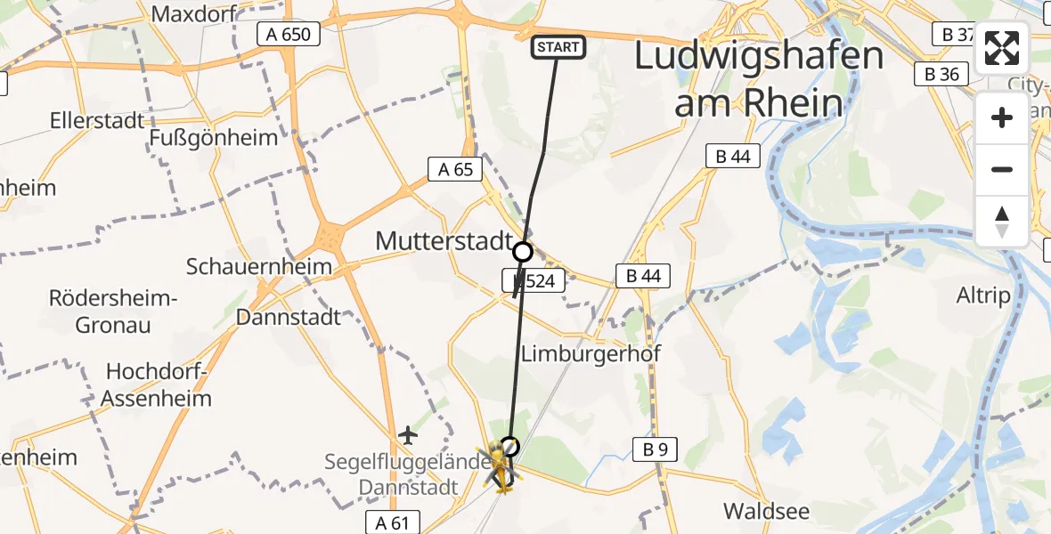 Flugroute Rettungshubschrauber Ludwigshafen am Rhein - Schifferstadt, 14 März 2026, 09:38