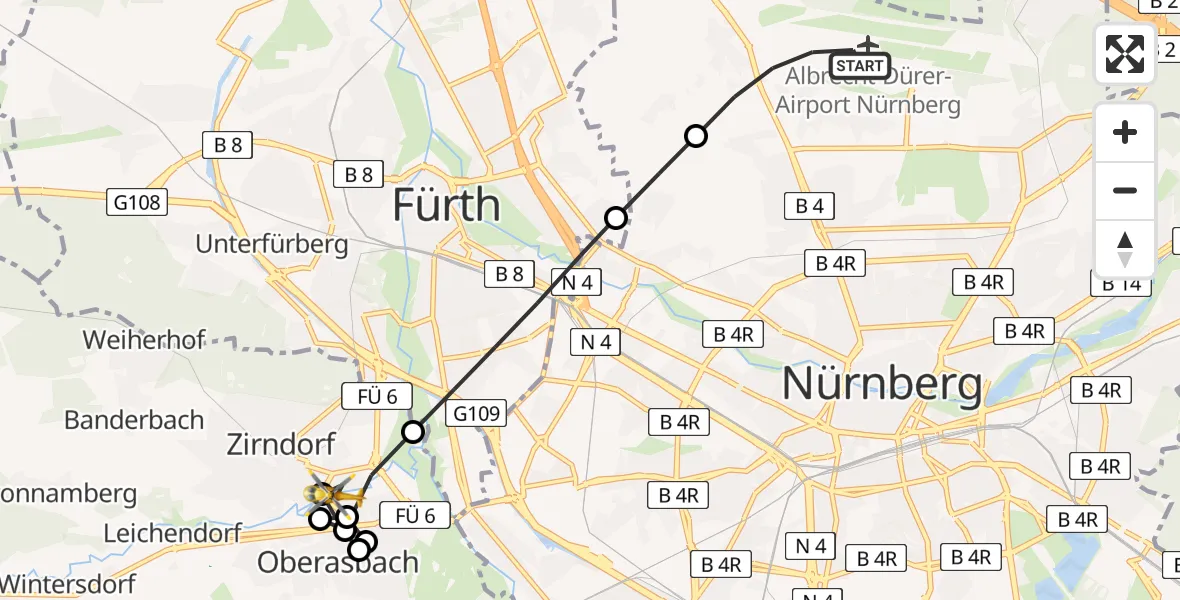 Flugroute Rettungshubschrauber Nuremberg Airport - Zirndorf, 14 März 2026, 09:38