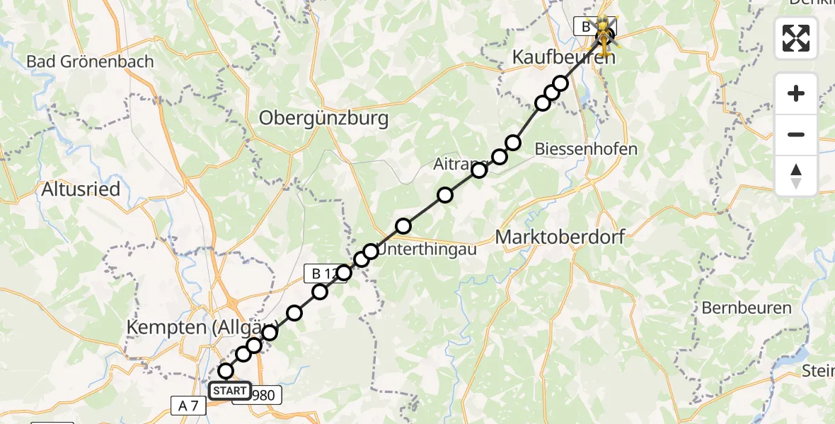 Flugroute Rettungshubschrauber Kempten-Durach Airfield - Kaufbeuren, 14 März 2026, 09:42