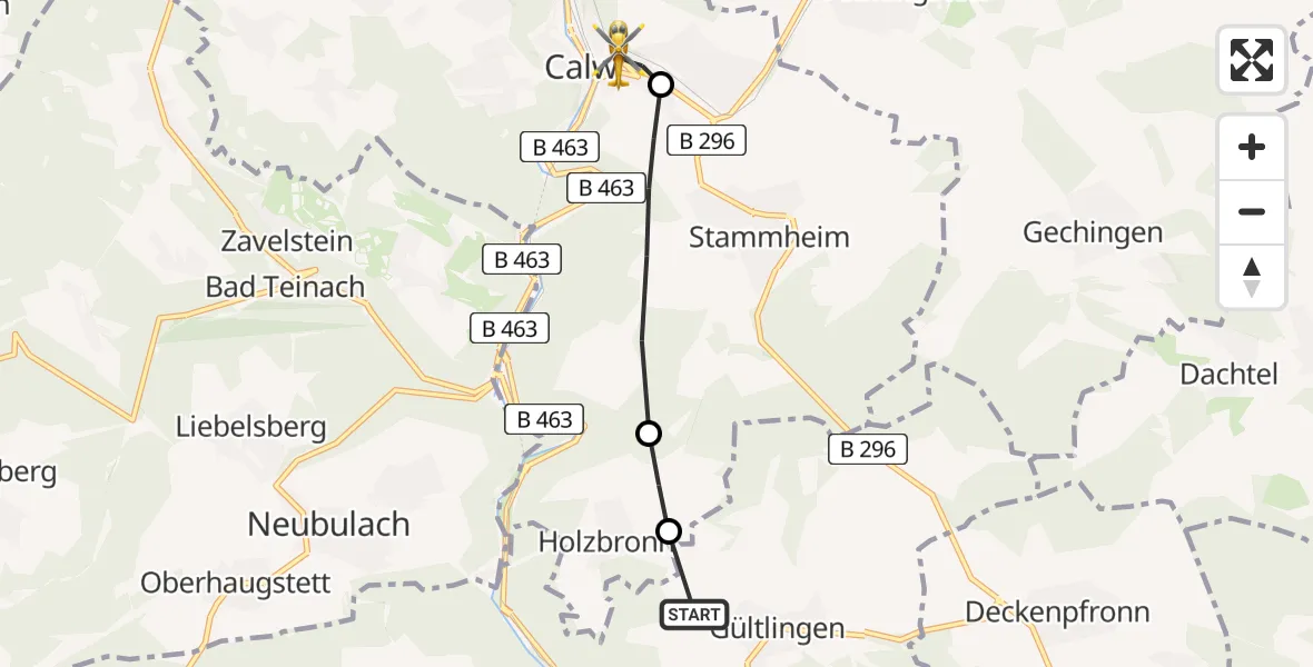 Flugroute Rettungshubschrauber Gültlingen - Calw, 14 März 2026, 09:51