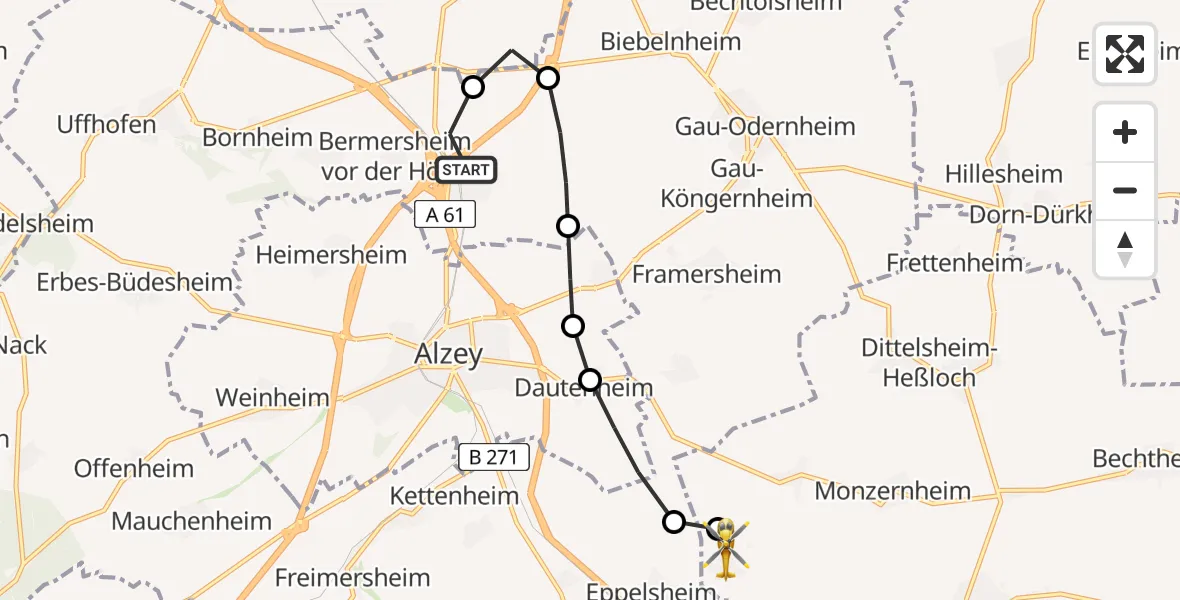 Flugroute Rettungshubschrauber Albig - Hangen-Weisheim, 14 März 2026, 10:01