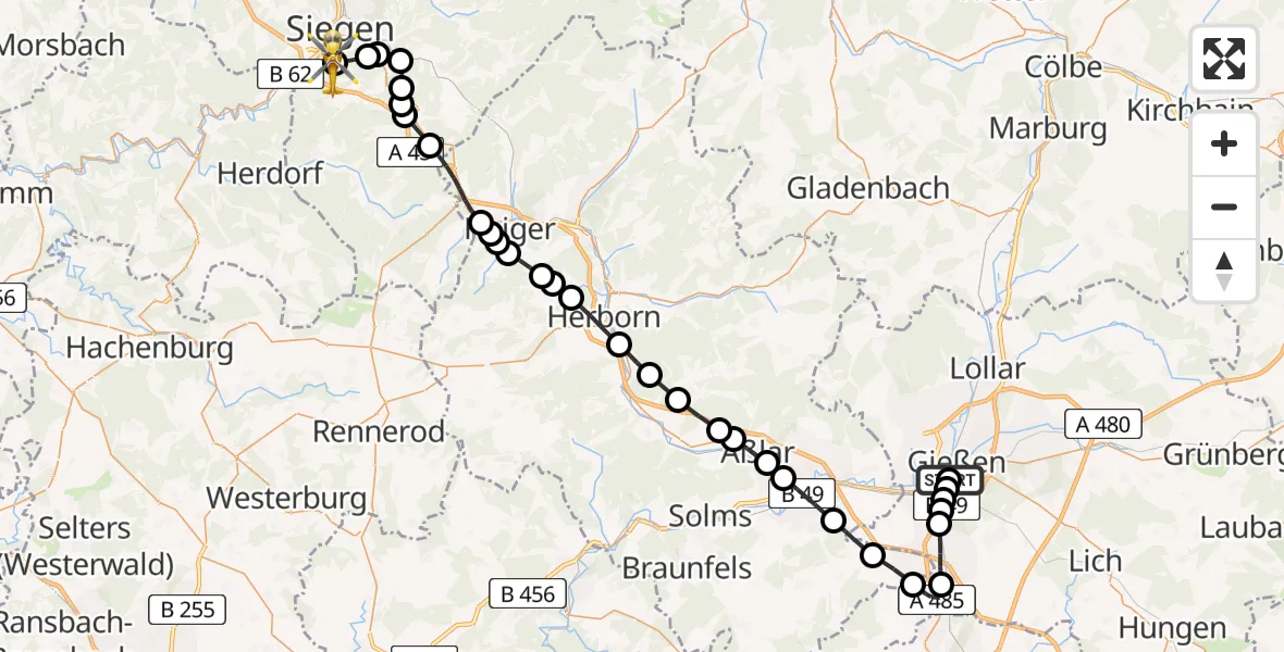 Flugroute Rettungshubschrauber Gießen University Hospital - Evangelisches Jung-Stilling Hospital, 14 März 2026, 10:04