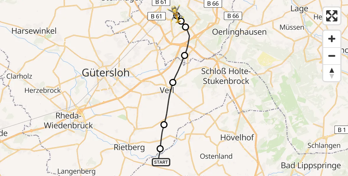 Flugroute Rettungshubschrauber Delbrück - Luftrettungszentrum Bielefeld, 14 März 2026, 10:17