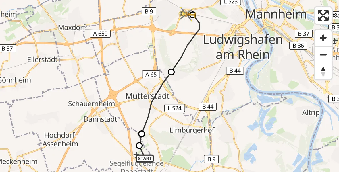 Flugroute Rettungshubschrauber Dannstadt-Schauernheim - Ludwigshafen Accident Hospital Heliport, 14 März 2026, 10:17