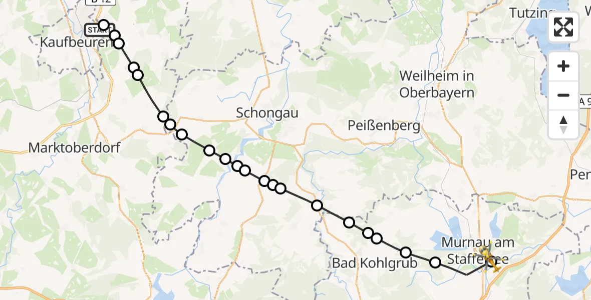 Routekaart van de vlucht: Rettungshubschrauber nach Murnau Accident Hospital Heliport