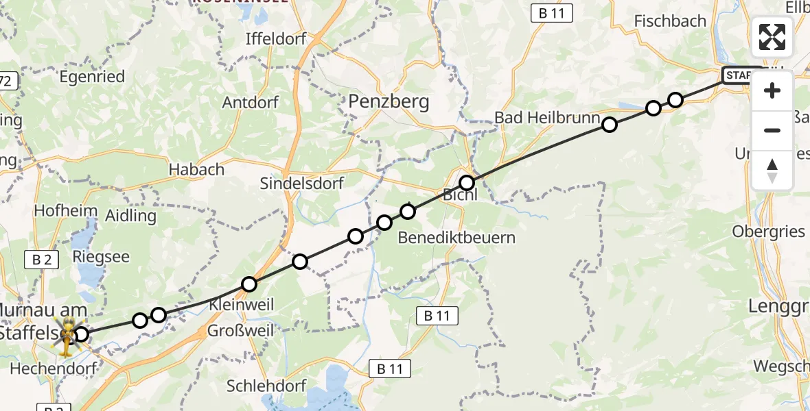Flugroute Rettungshubschrauber Bad Tölz - Murnau Accident Hospital, 14 März 2026, 10:29
