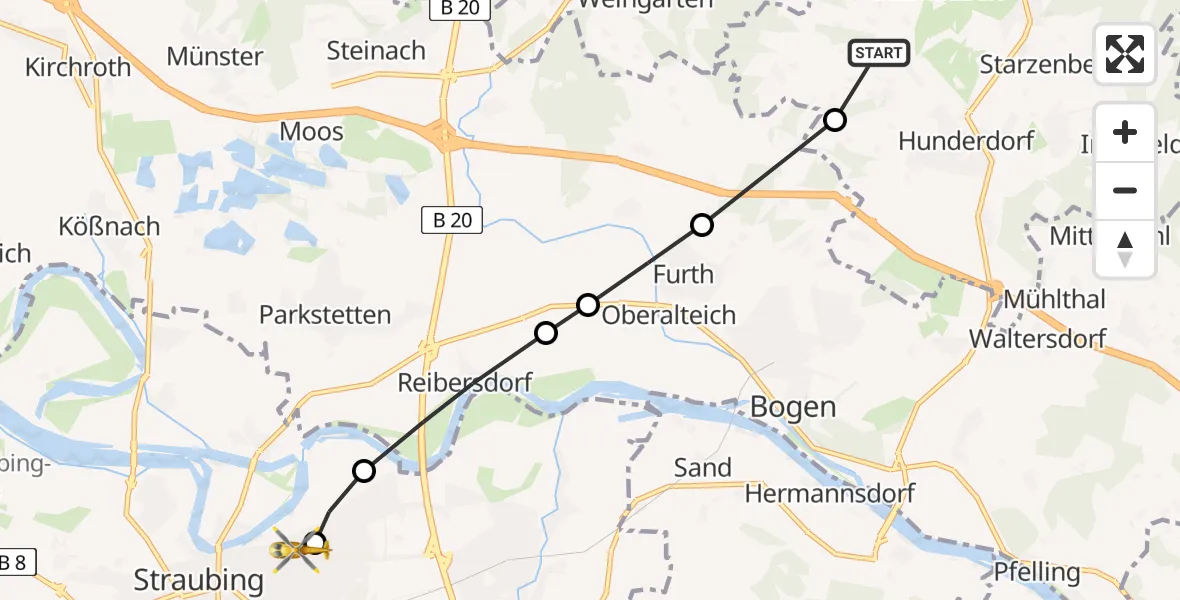 Flugroute Rettungshubschrauber Gaishausen - Sankt Elisabeth Hospital Straubing, 14 März 2026, 10:32