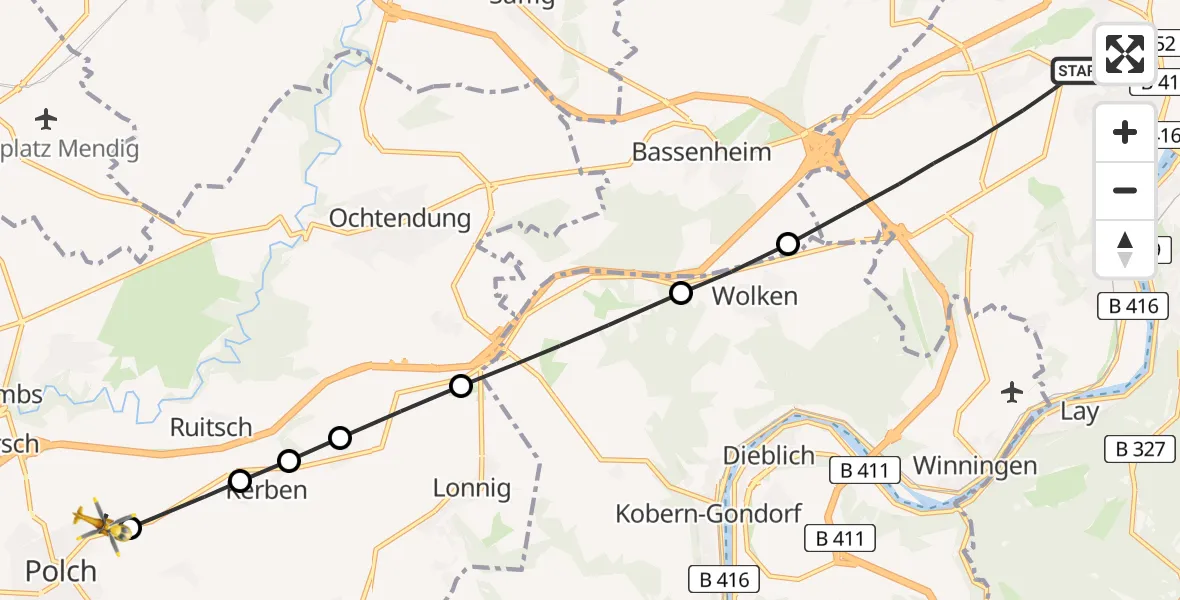 Flugroute Rettungshubschrauber Rübenach - Polch, 14 März 2026, 10:35