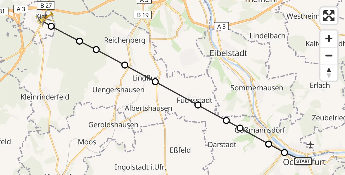 Flugroute Rettungshubschrauber Ochsenfurt - Kist, 14 März 2026, 10:43