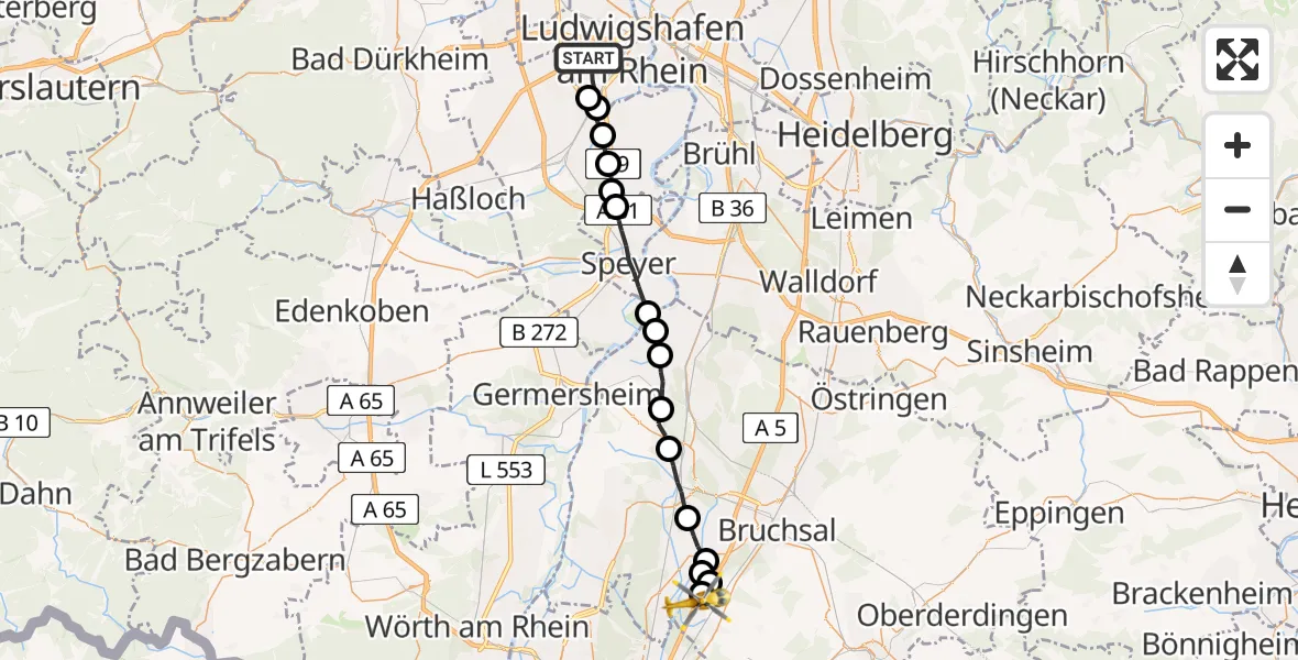 Flugroute Rettungshubschrauber Ludwigshafen am Rhein - Waldbrücke, 14 März 2026, 10:57