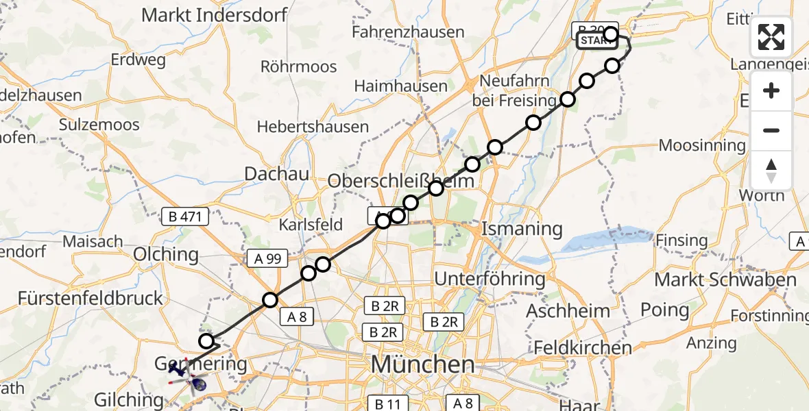 Flugroute Polizeihubschrauber Freising - Germering, 14 März 2026, 10:58