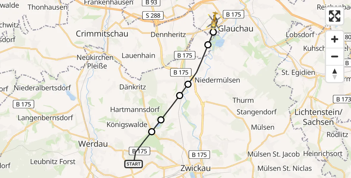 Routekaart van de vlucht: Rettungshubschrauber nach Glauchau, An der Sachsenlandhalle
