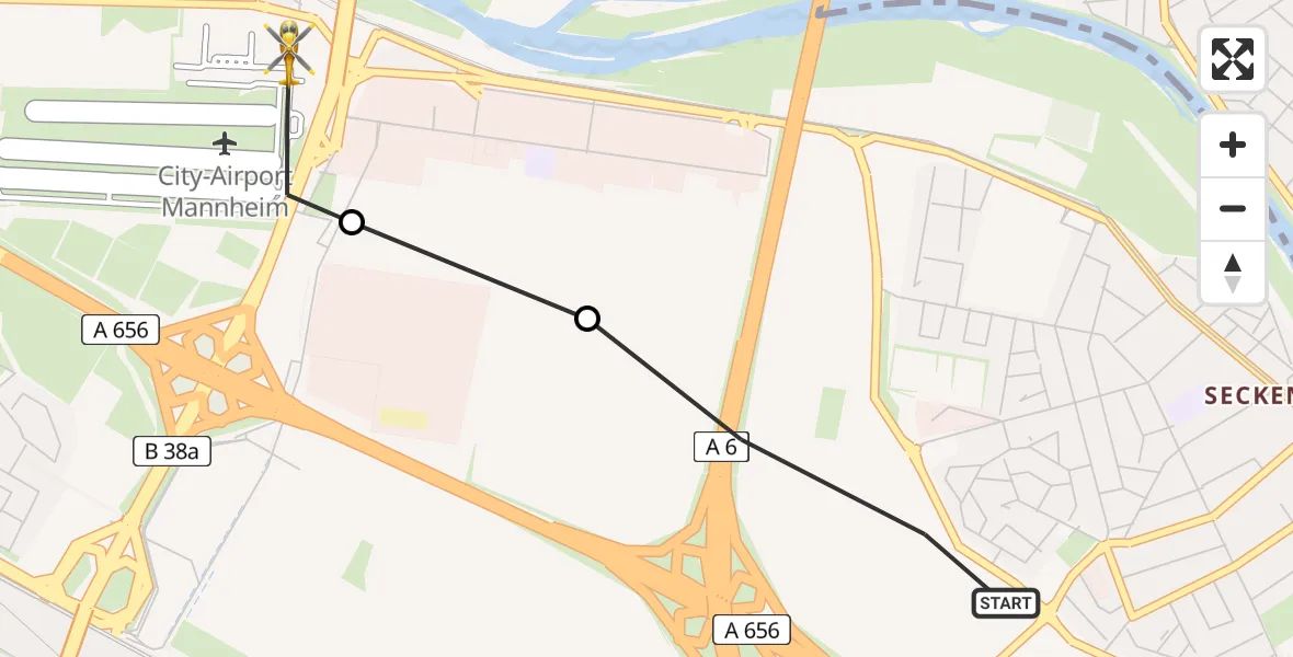 Flugroute Rettungshubschrauber Mannheim - Mannheim-City Airport, 14 März 2026, 11:03