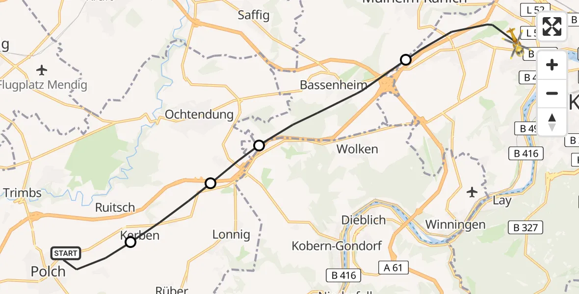 Flugroute Rettungshubschrauber Polch - Koblenz, 14 März 2026, 11:09