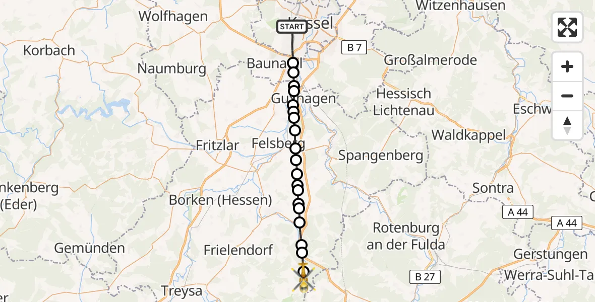 Flugroute Rettungshubschrauber Kassel - Appenfeld, 14 März 2026, 11:19