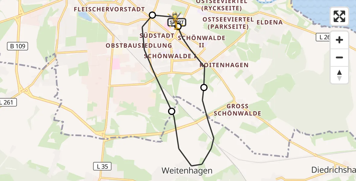 Flugroute Rettungshubschrauber Greifswald Hospital - Greifswald Hospital, 14 März 2026, 11:26