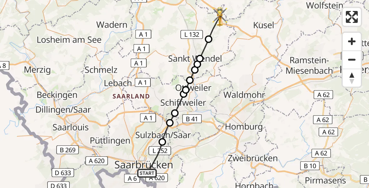 Flugroute Rettungshubschrauber Saarbrücken - Freisen, 14 März 2026, 11:35