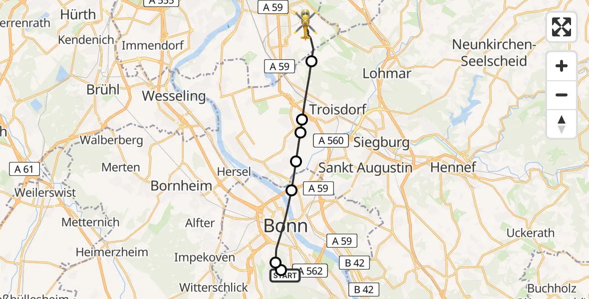 Flugroute Ambulanzhubschrauber Bonn University Hospital - Cologne Bonn Airport, 14 März 2026, 11:38