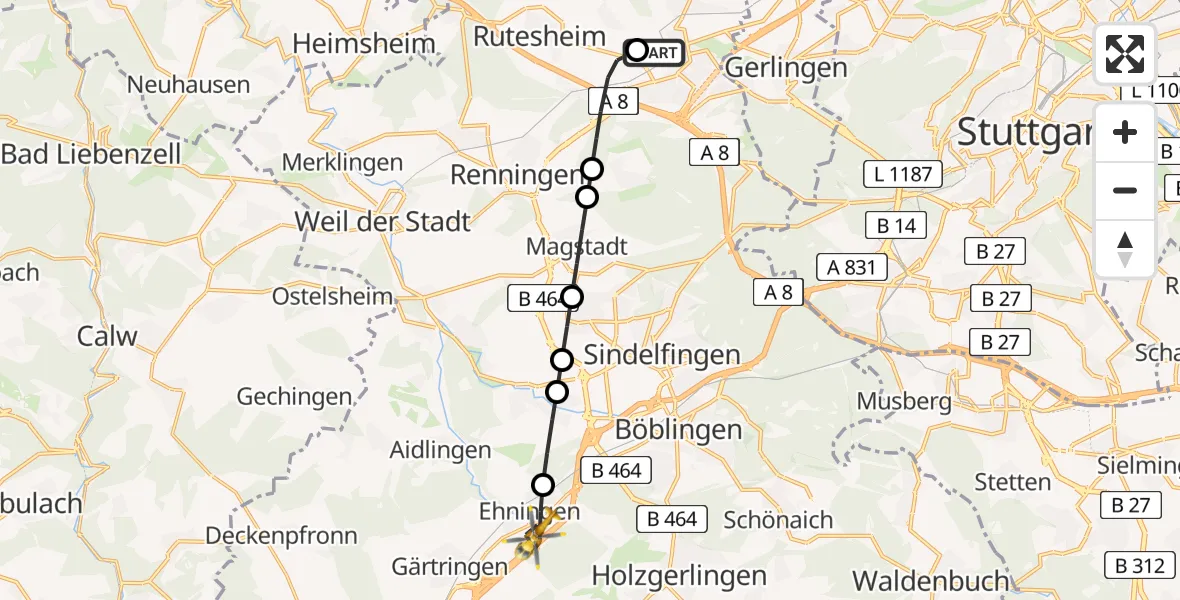 Flugroute Rettungshubschrauber Leonberg Hospital - Ehningen, 14 März 2026, 11:38