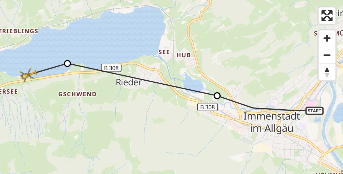 Flugroute Rettungshubschrauber Immenstadt im Allgäu - Rieder, 14 März 2026, 11:40