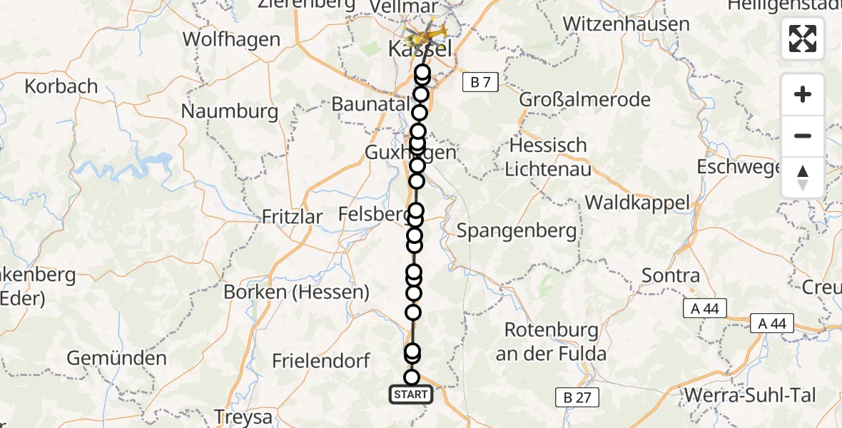 Flugroute Rettungshubschrauber Appenfeld - Kassel, 14 März 2026, 11:59