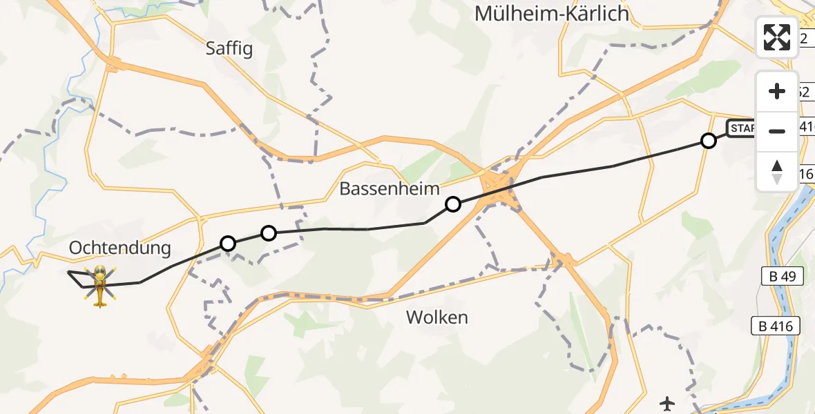 Flugroute Rettungshubschrauber Koblenz - Ochtendung, 14 März 2026, 12:04