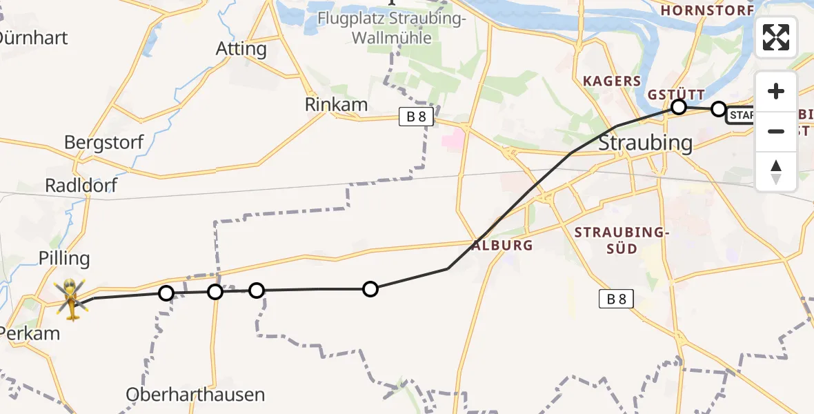Flugroute Rettungshubschrauber Sankt Elisabeth Hospital Straubing - Pilling, 14 März 2026, 12:06