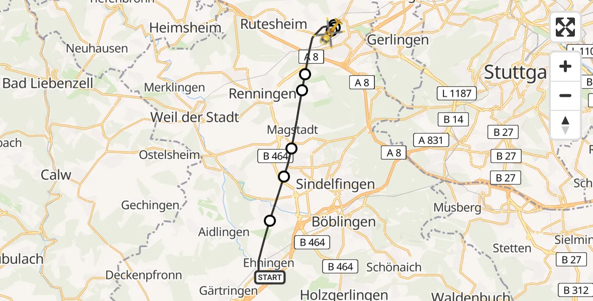 Flugroute Rettungshubschrauber Ehningen - Leonberg Hospital, 14 März 2026, 12:10