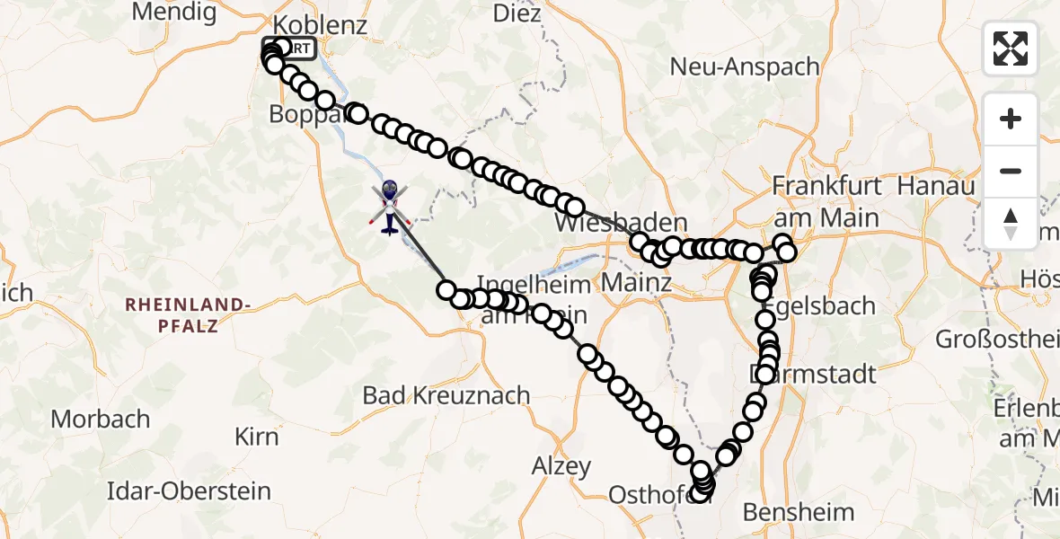 Routekaart van de vlucht: Polizeihubschrauber nach Kaub, B 42