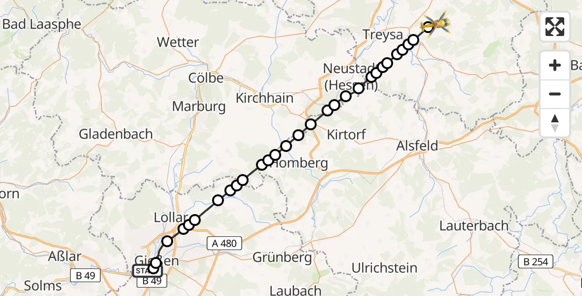 Flugroute Rettungshubschrauber Gießen - Obergrenzebach, 14 März 2026, 12:30