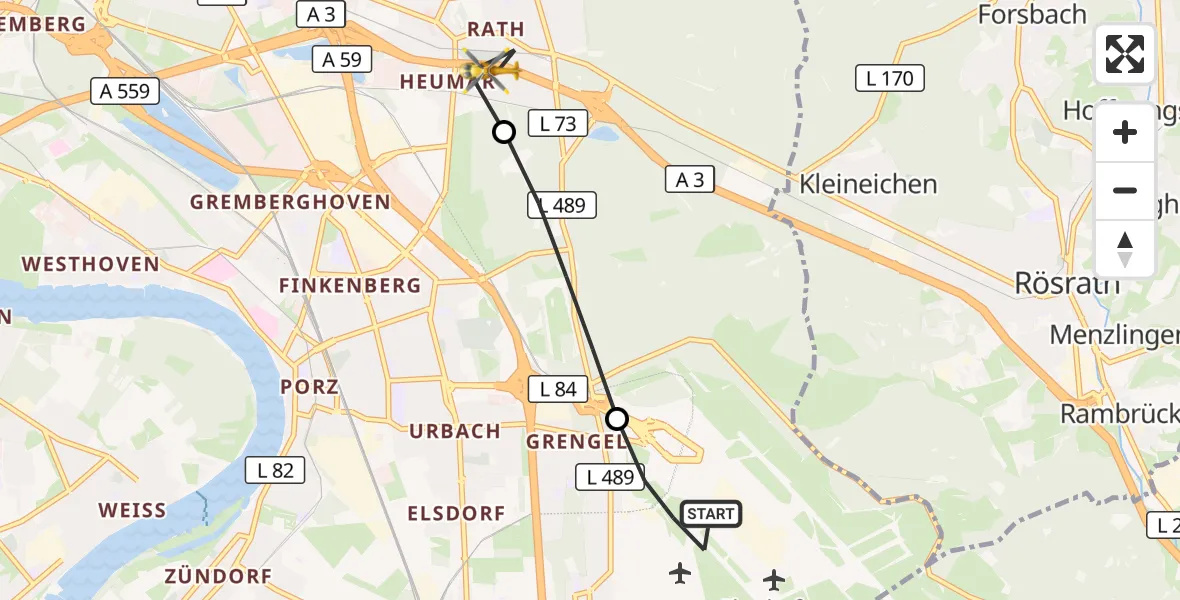 Flugroute Rettungshubschrauber Cologne Bonn Airport - Kalk, 14 März 2026, 12:34