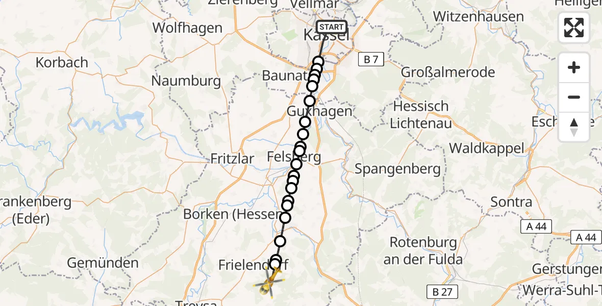 Flugroute Rettungshubschrauber Kassel - Großroppershausen, 14 März 2026, 12:36