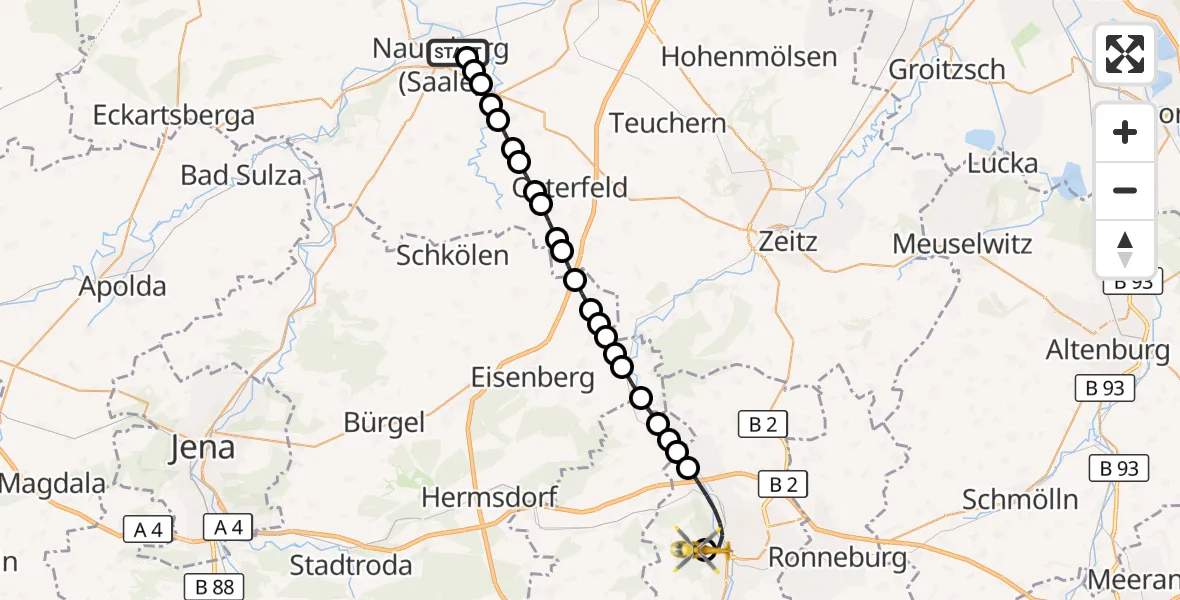 Flugroute Ambulanzhubschrauber Henne - SRH Wald-Klinikum Gera Hospital Heliport, 14 März 2026, 12:41