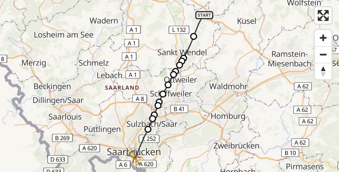 Routekaart van de vlucht: Rettungshubschrauber nach Saarbrücken, Winterberg