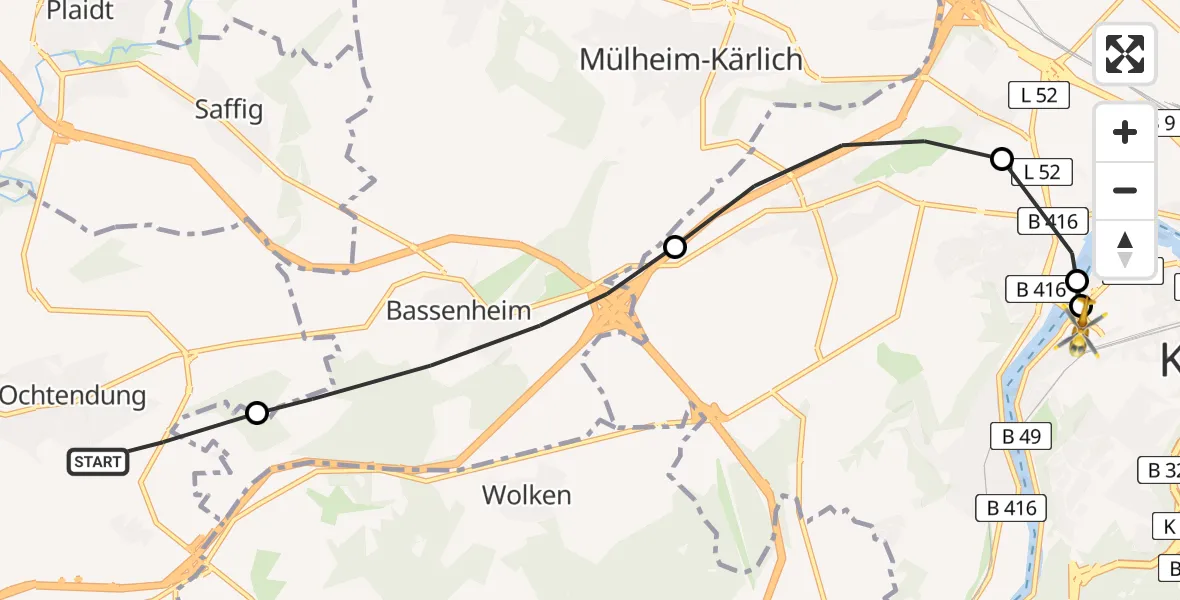 Flugroute Rettungshubschrauber Ochtendung - Kemperhof Koblenz Clinic Heliport, 14 März 2026, 12:44