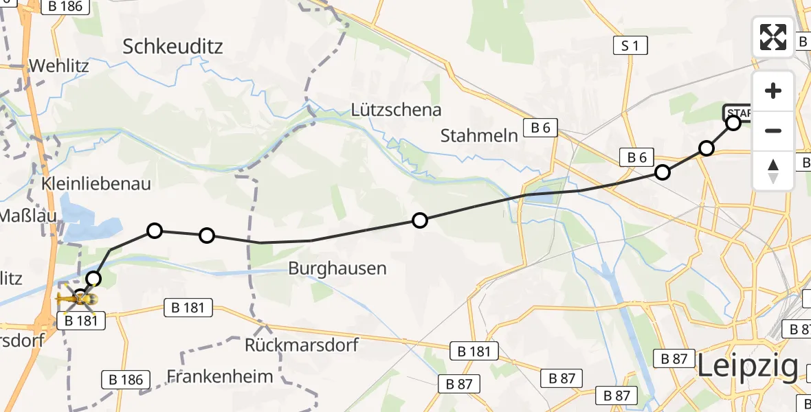 Flugroute Rettungshubschrauber Sankt Georg Hospital Leipzig Reserve - ADAC Air Rescue Station Leipzig/Schkeuditz-Dölzig Heliport (Christoph 61), 14 März 2026, 12:44
