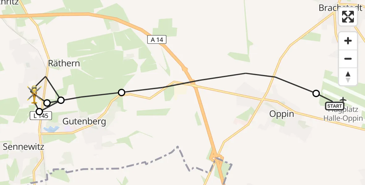 Flugroute Rettungshubschrauber Halle-Oppin Airfield - Petersberg, 14 März 2026, 12:50
