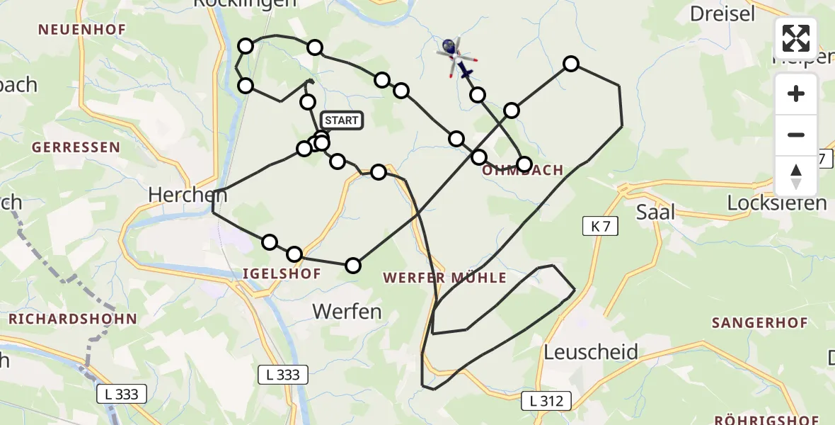 Flugroute Polizeihubschrauber Herchen-Bahnhof - Hoppengarten, 14 März 2026, 12:55