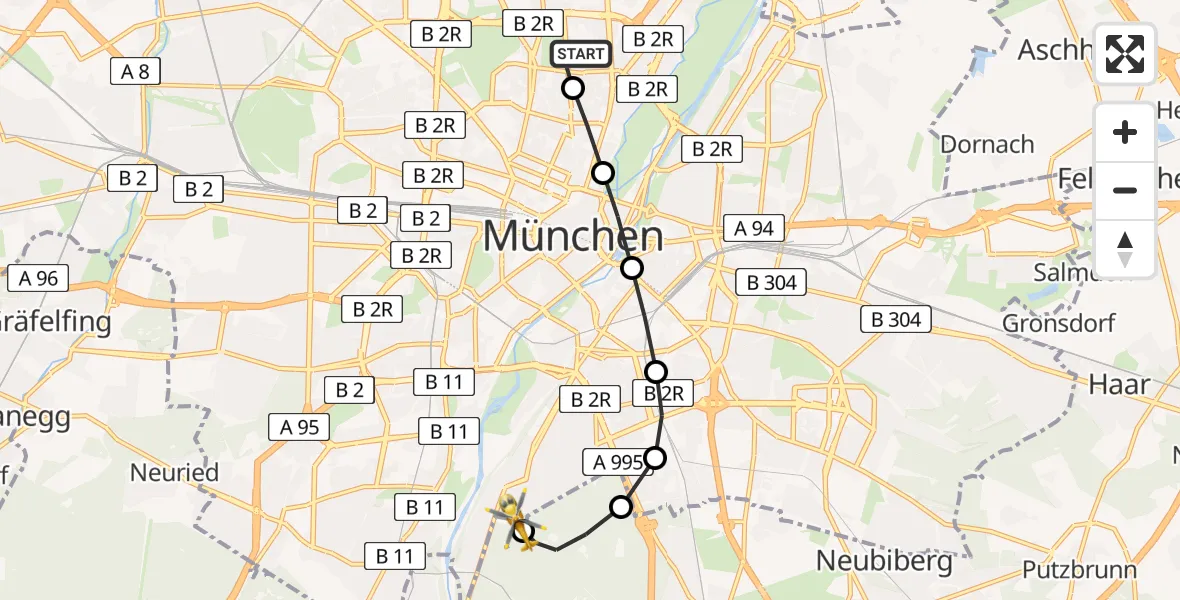 Flugroute Rettungshubschrauber München - ADAC Air Rescue Center Heliport (Christoph 1), 14 März 2026, 12:57