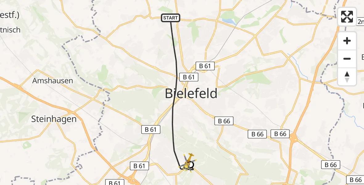 Flugroute Rettungshubschrauber Bielefeld - Luftrettungszentrum Bielefeld, 14 März 2026, 13:01