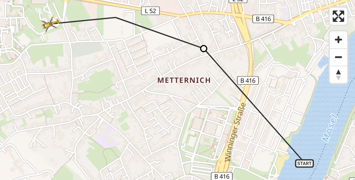 Flugroute Rettungshubschrauber Catholic Clinic Marienhof Koblenz Heliport - Koblenz, 14 März 2026, 13:06