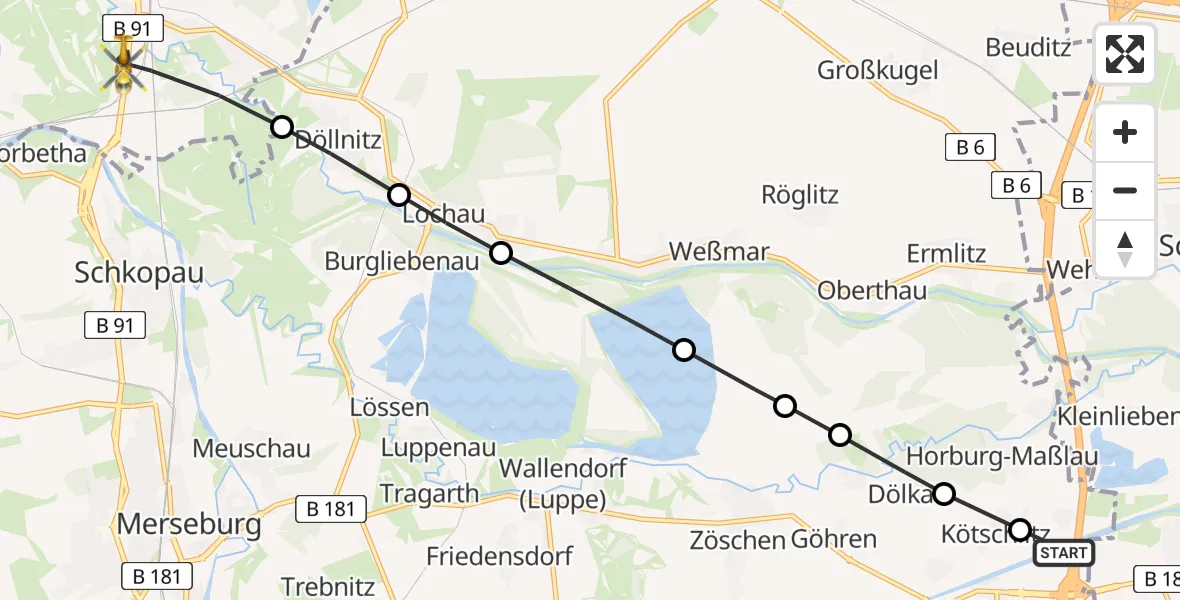 Flugroute Rettungshubschrauber Günthersdorf - Halle (Saale), 14 März 2026, 13:14