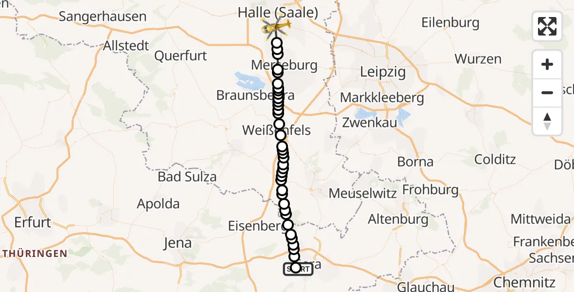 Flugroute Ambulanzhubschrauber SRH Wald-Klinikum Gera Hospital - Halle (Saale), 14 März 2026, 13:17