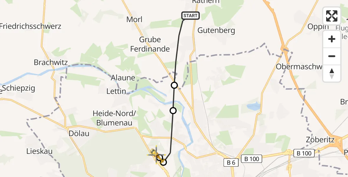 Flugroute Rettungshubschrauber Petersberg - Halle (Saale) University Hospital, 14 März 2026, 13:17