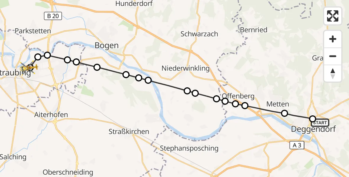 Flugroute Rettungshubschrauber Kleinfilling - Sankt Elisabeth Hospital Straubing, 14 März 2026, 13:29