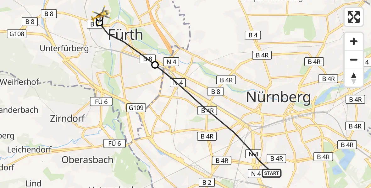 Flugroute Rettungshubschrauber Nürnberg - Fürth Hospital, 14 März 2026, 13:43