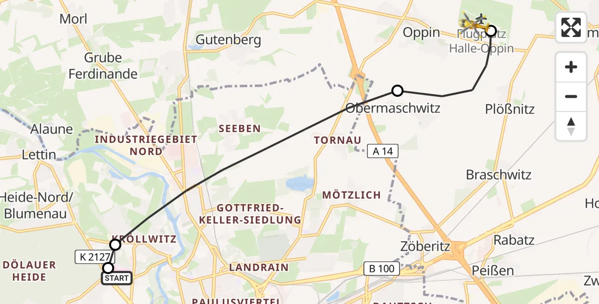 Flugroute Rettungshubschrauber Halle (Saale) University Hospital - Halle-Oppin Airfield, 14 März 2026, 13:47