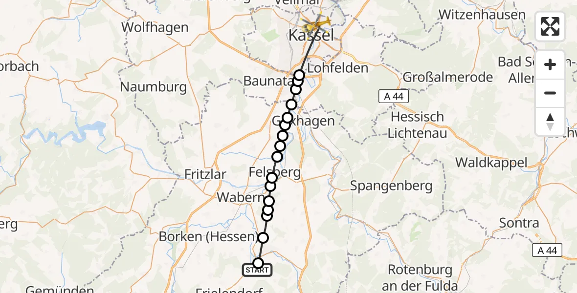 Flugroute Rettungshubschrauber Sondheim - Kassel, 14 März 2026, 13:49