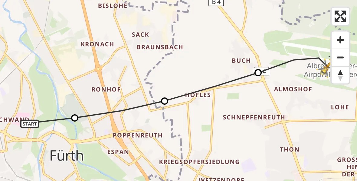 Flugroute Rettungshubschrauber Fürth Hospital - Nuremberg Airport, 14 März 2026, 13:50