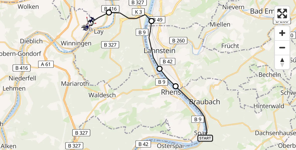 Routekaart van de vlucht: Polizeihubschrauber nach Koblenz-Winningen Airfield